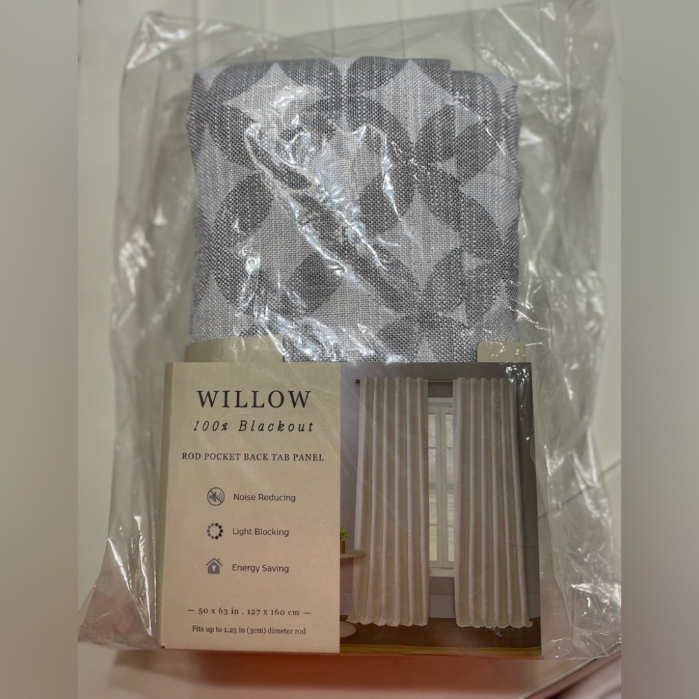 Willow 100% blackout curtains silver. New. 50x63